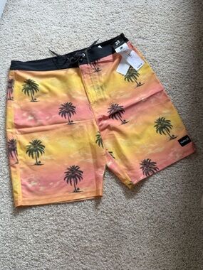 Men's Palm Print Sunset Board Shorts - Yellow Pink